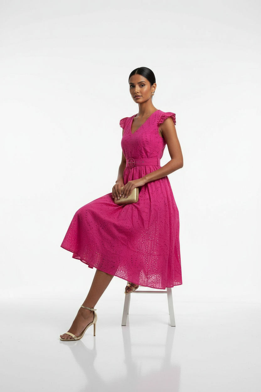 Eyelet V-neck Midi Dress in Pink