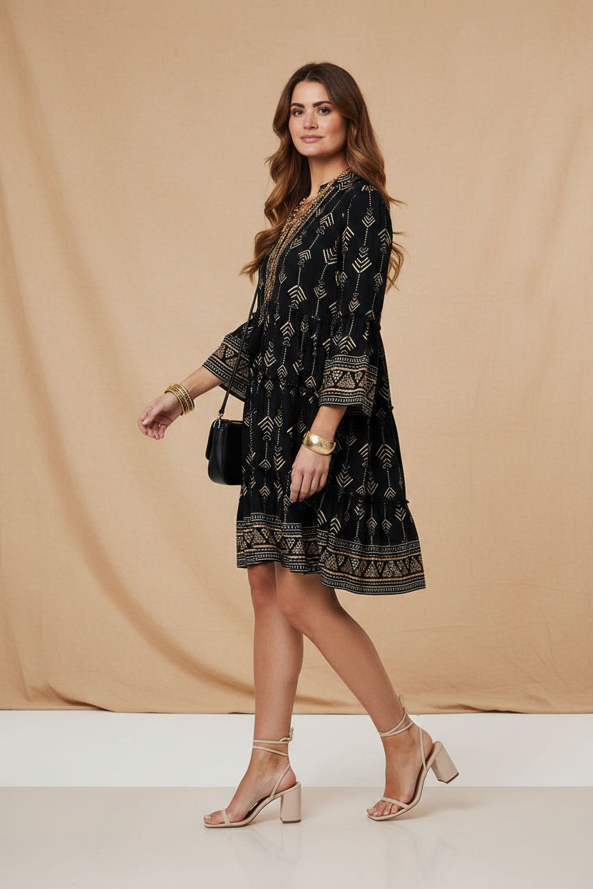 Printed Tiered Mini Dress in Black