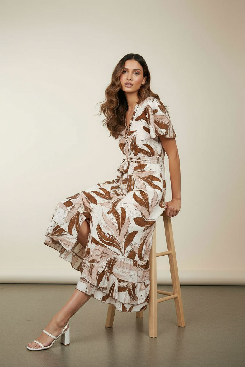Floral Print Ruffle Sleeve Maxi Dress