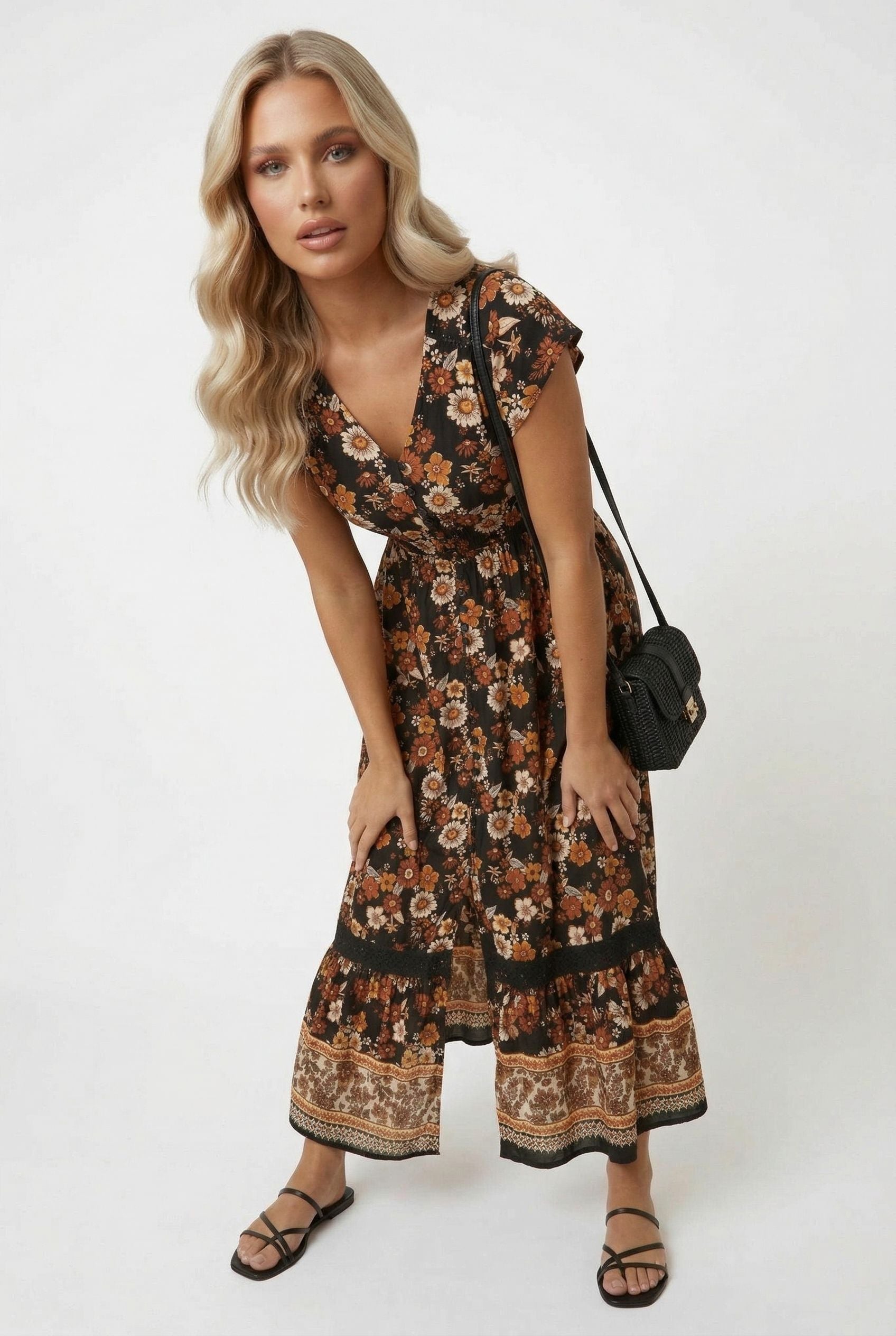 Floral Print V-Neck Maxi Dress