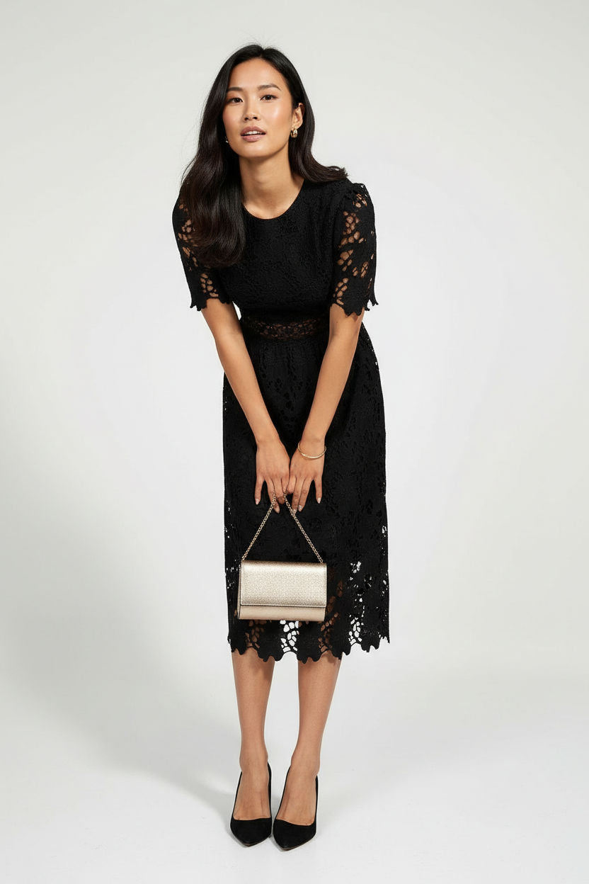 Floral Lace Midi Dress in Black