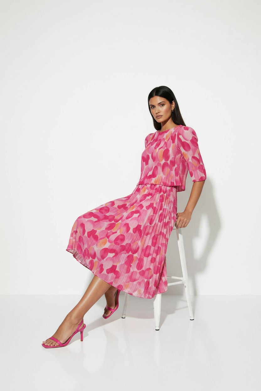 Pleated Circle Print Midi Dress