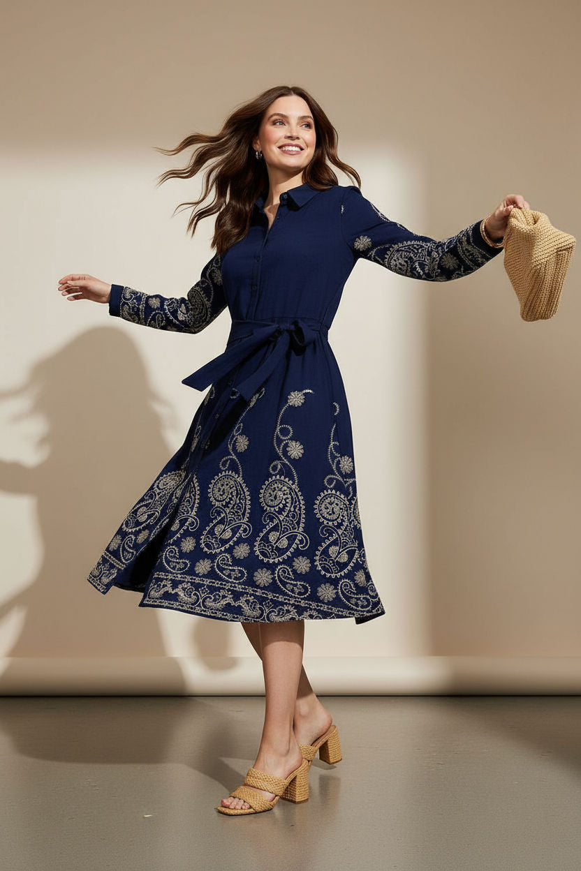 Embroidered Tie-Waist Shirt Dress