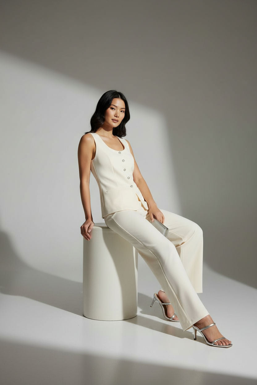 Two Piece Vest and Wide-Leg Pants Set in Cream