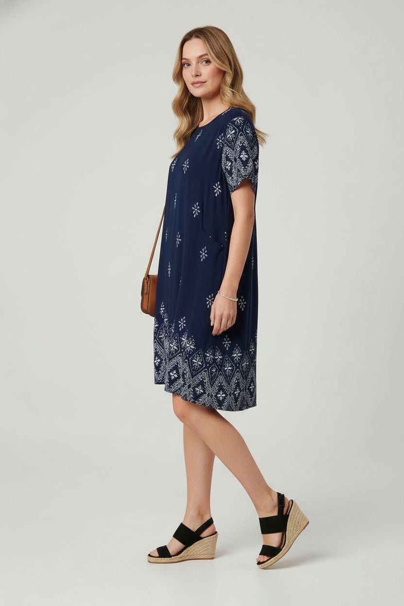 Patterned Short Sleeve Shift Dress