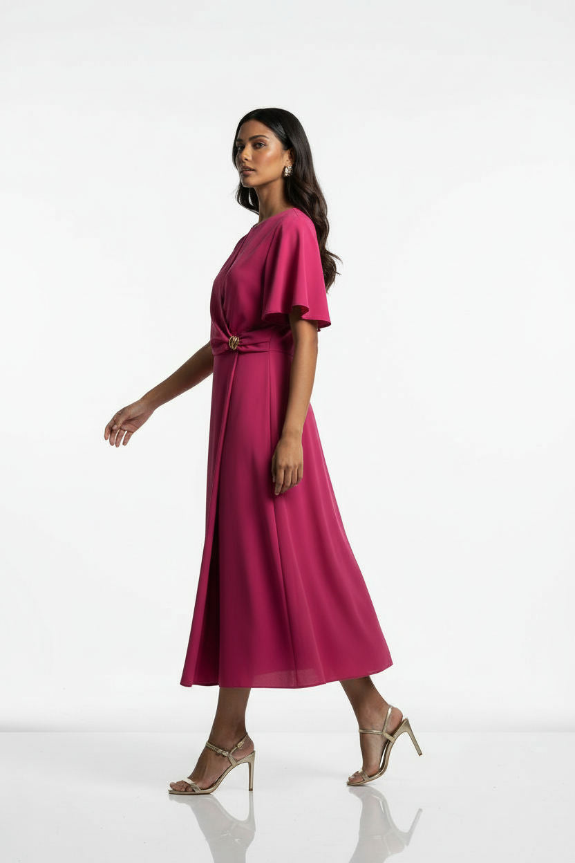 Gold Ring Detail Wrap Front Midi Dress