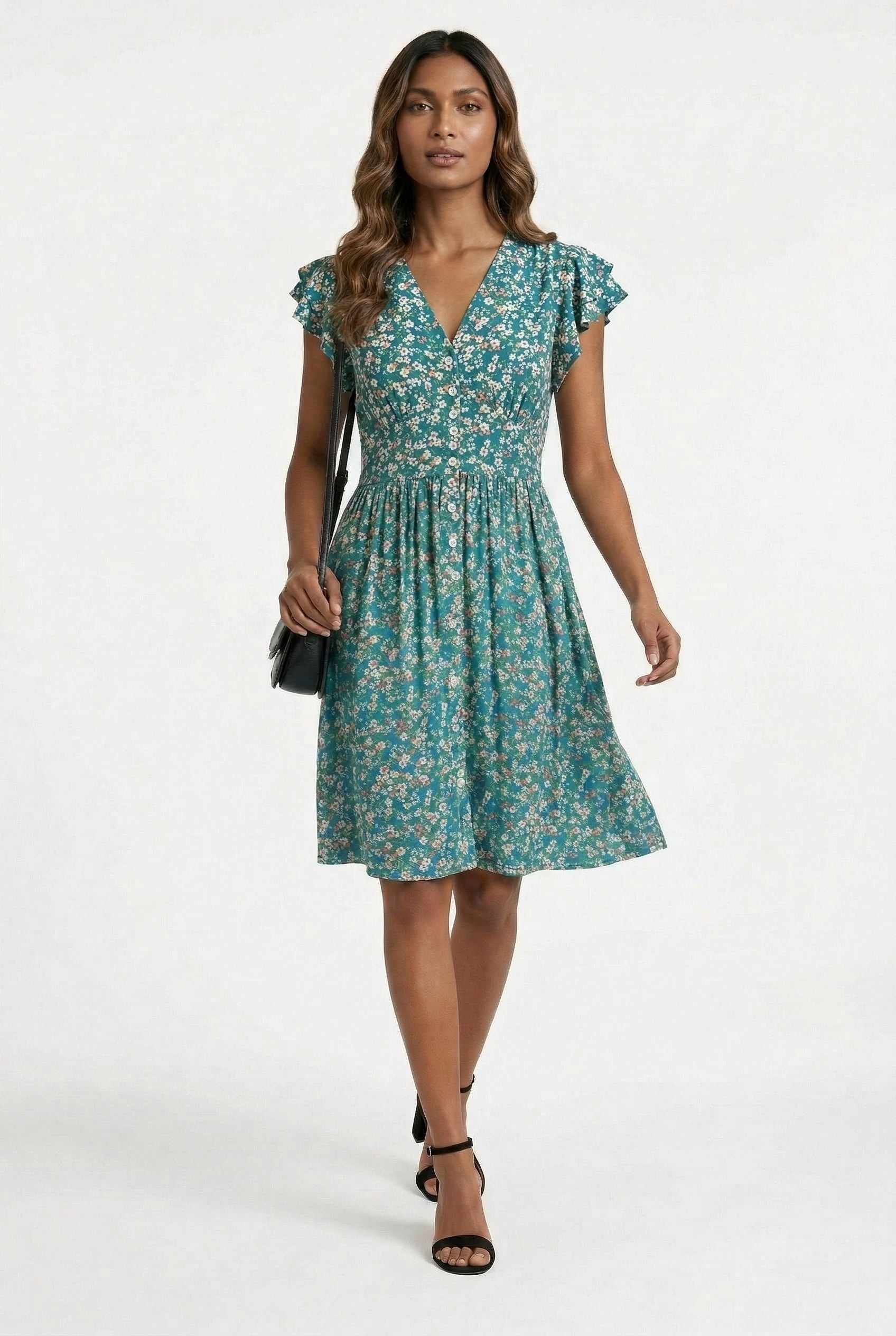 Floral Ruffled Cap Sleeve Button-Down Dress