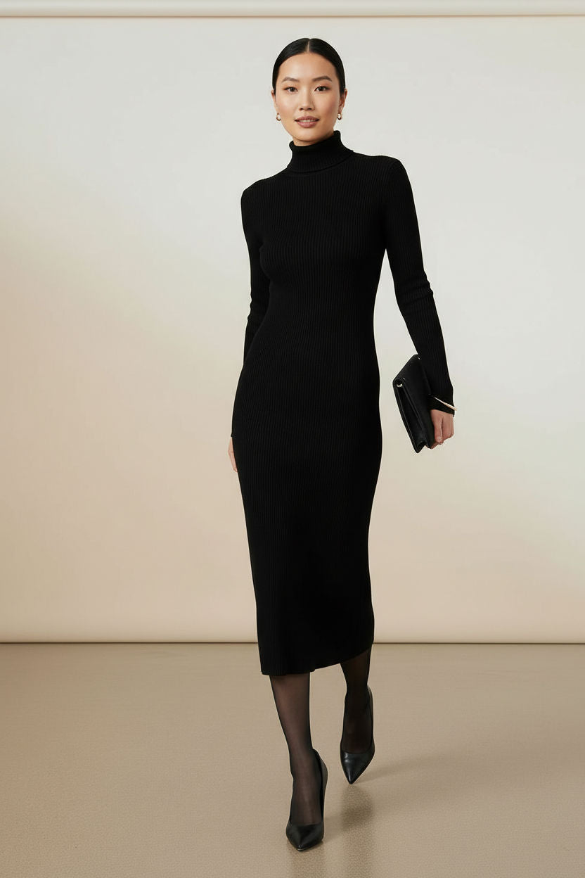 Ribbed Knit Turtleneck Midi Dress