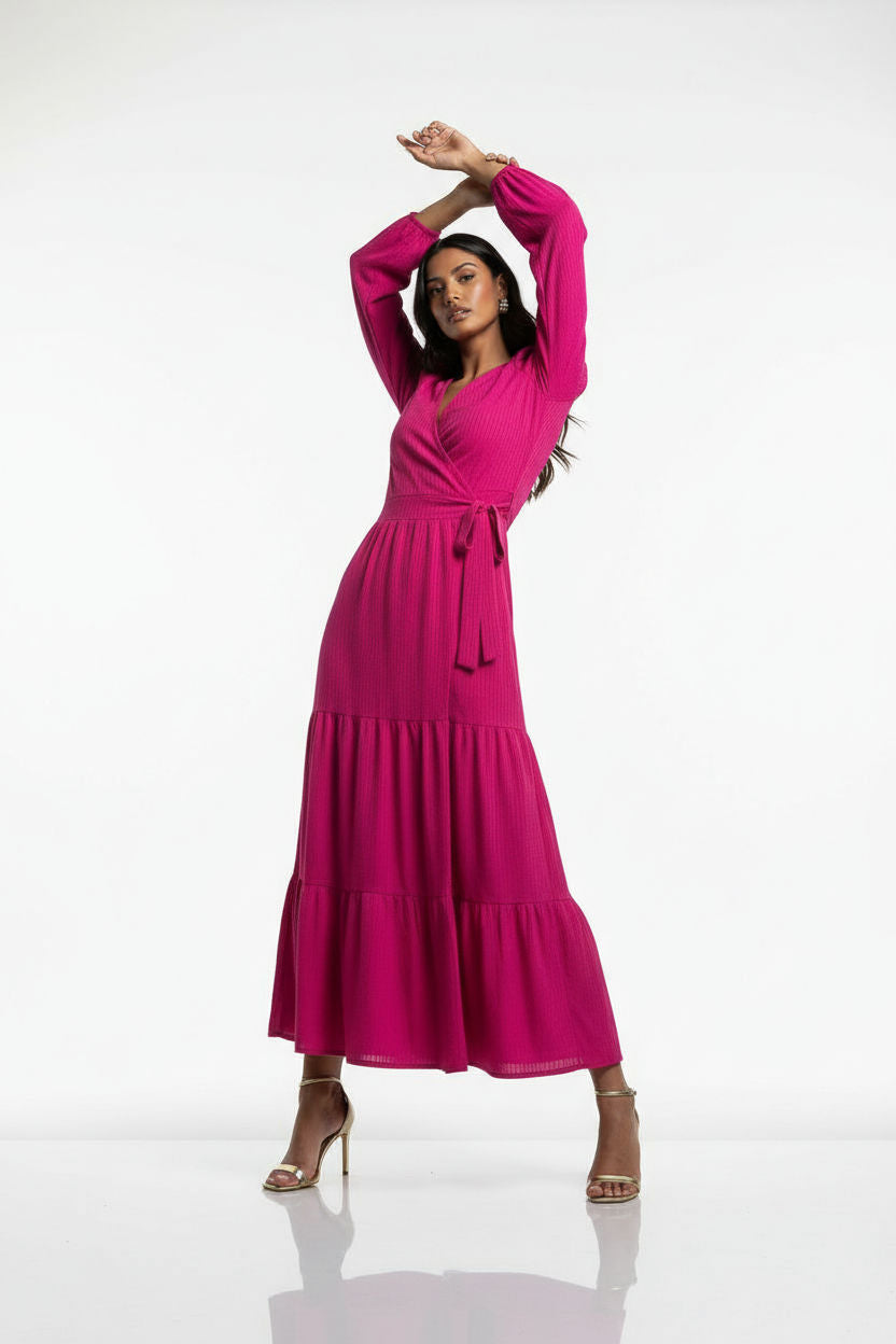 Textured Tiered Wrap Maxi Dress