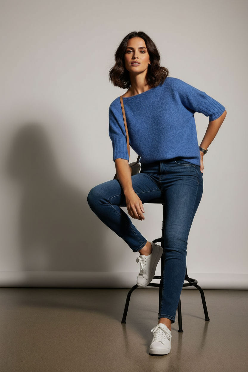 Boat Neck Short Sleeve Knit Sweater in Cornflower Blue