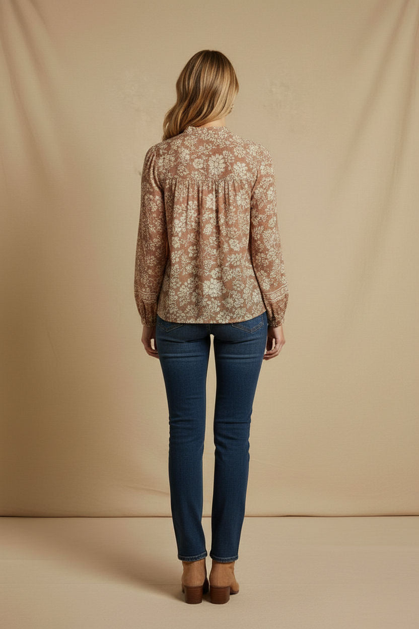 Printed Button-Front Blouse in Beige