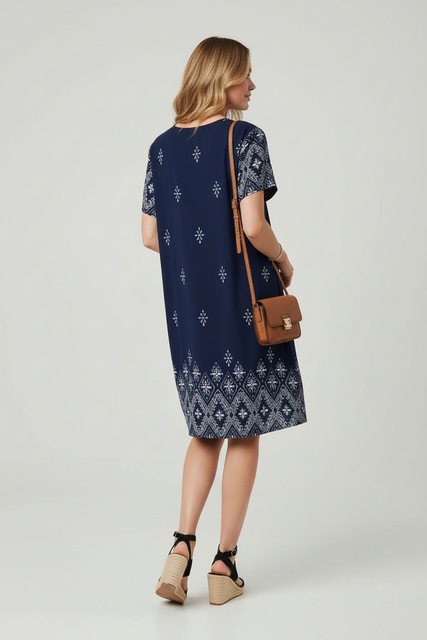 Patterned Short Sleeve Shift Dress