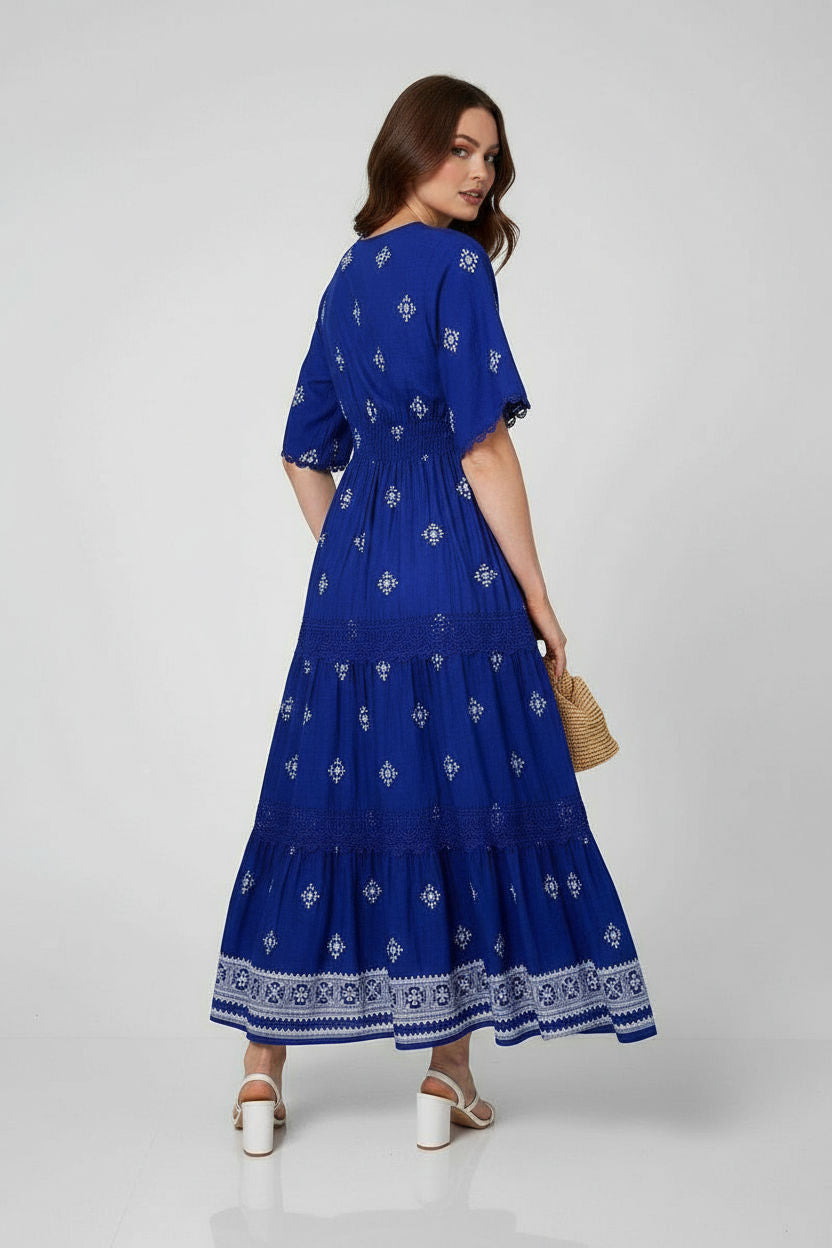 Embroidered Lace Trim Tiered Maxi Dress