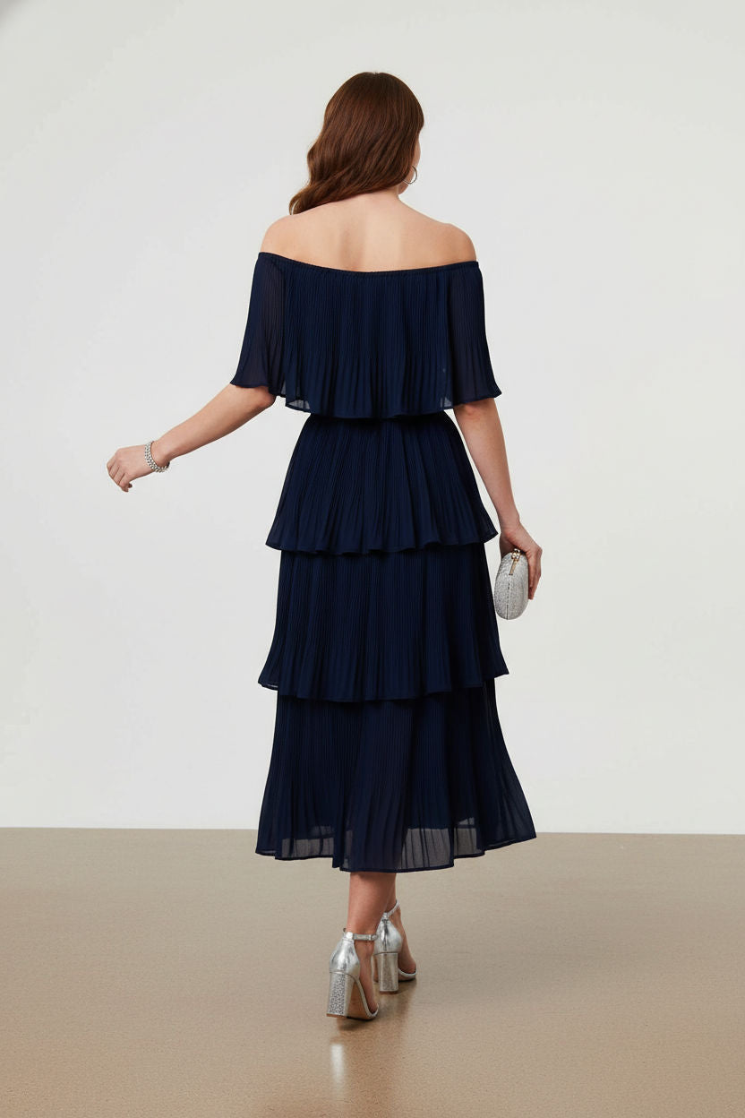 Off-Shoulder Pleated Tiered Midi Dress
