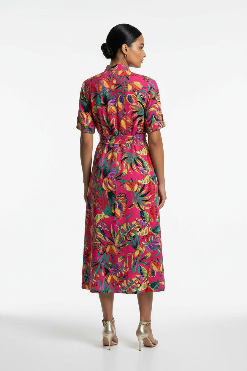 Tropical Print Button-Front Midi Dress in Pink