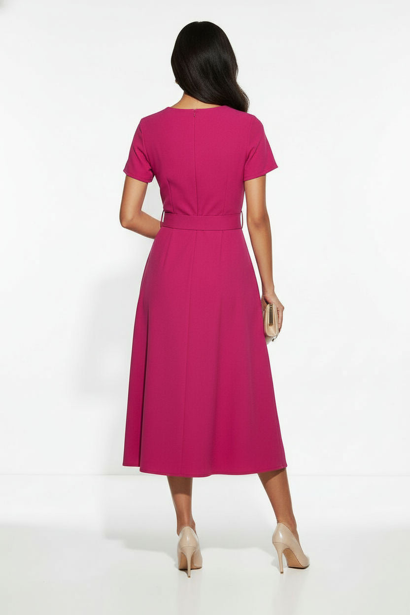 Short-Sleeve Belted Midi Dress in Magenta