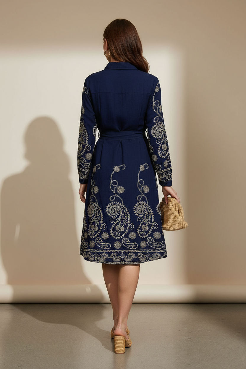 Embroidered Tie-Waist Shirt Dress