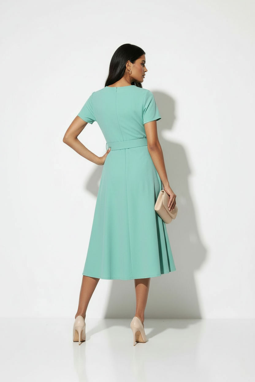 Short Sleeve Belted Midi Dress in Mint