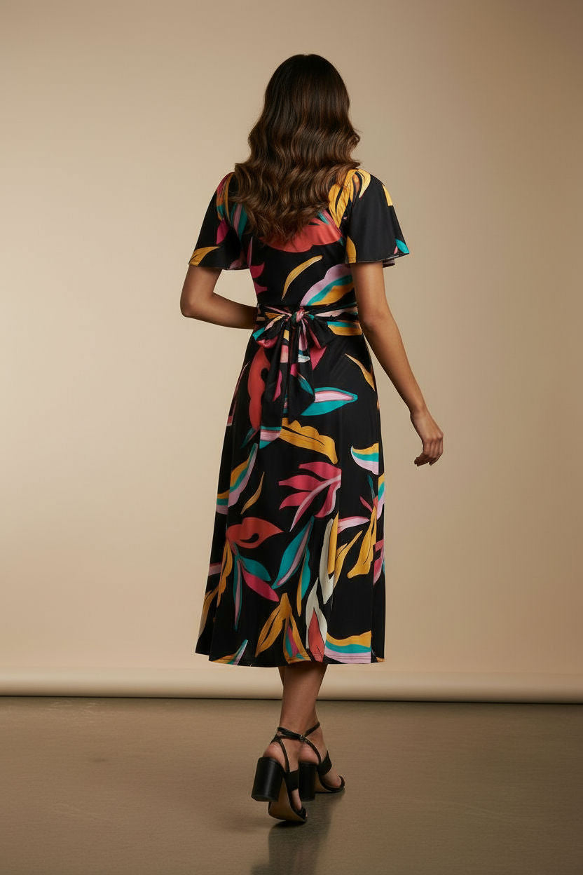 Tropical Print Flutter Sleeve Wrap Midi Dress