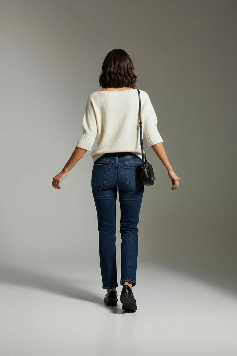 Boat Neck Short Sleeve Knit Sweater in Cream