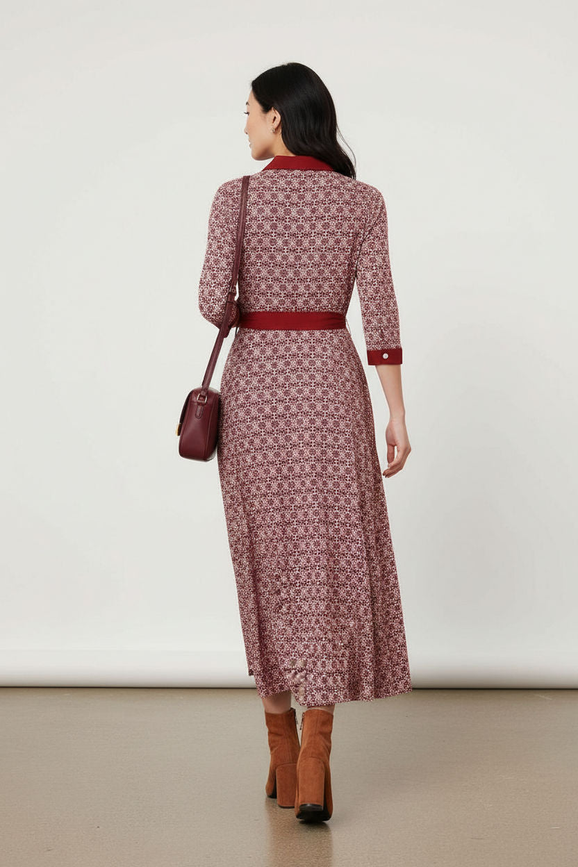 Printed 3/4 Sleeve Tie Waist Maxi Dress in Pink