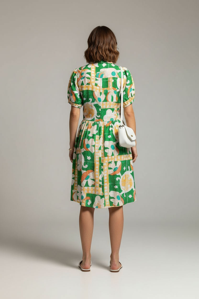 Short-Sleeved Abstract Print Shirt Dress