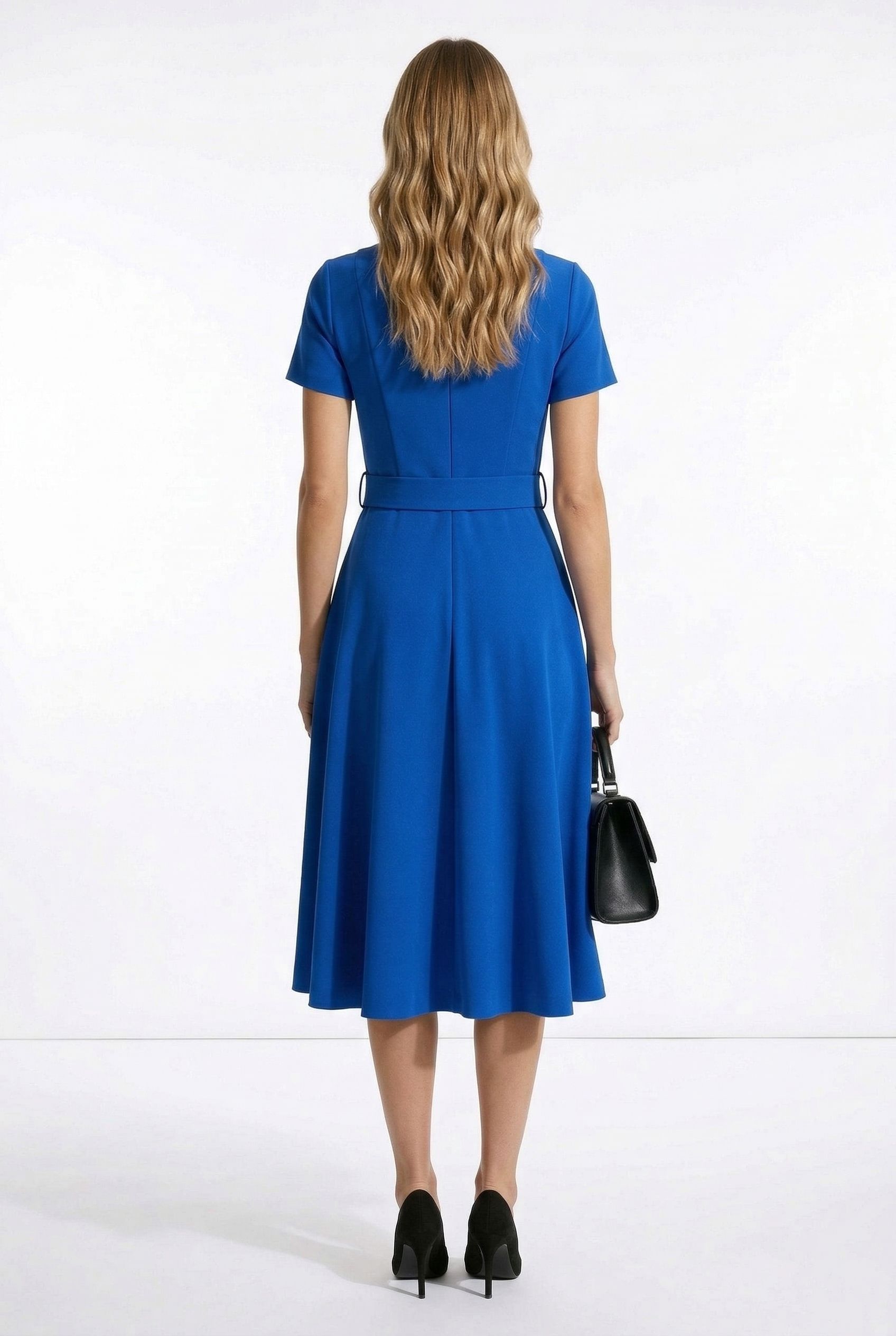 Short-Sleeve Belted Midi Dress in Cobalt