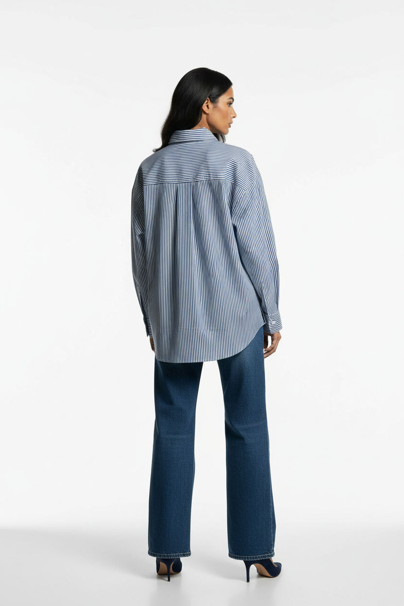 Collared Button-Up Shirt in Navy Stripe