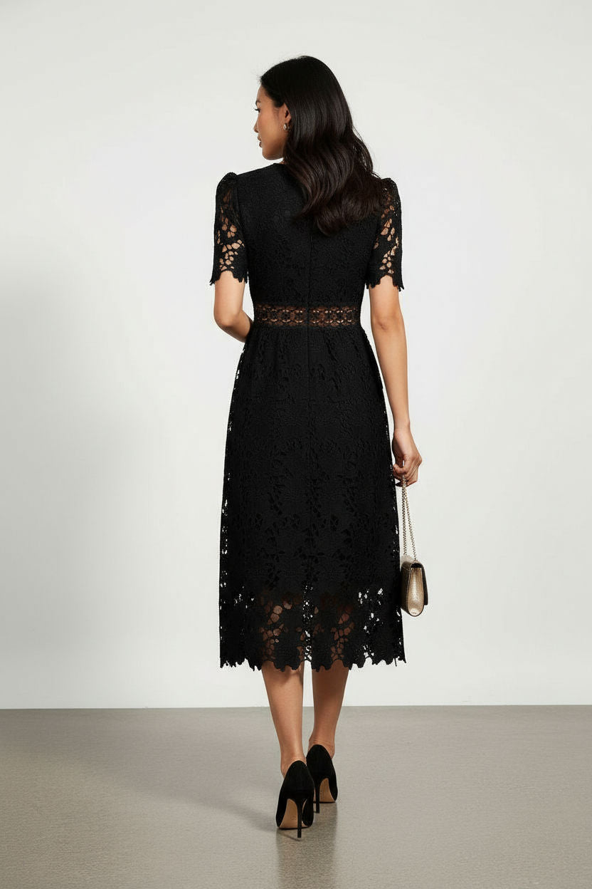 Floral Lace Midi Dress in Black
