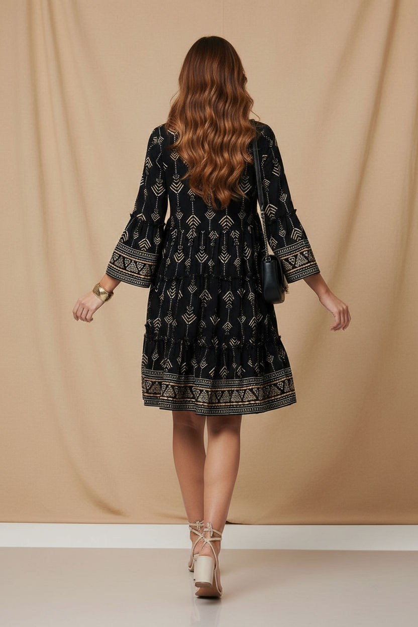 Printed Tiered Mini Dress in Black