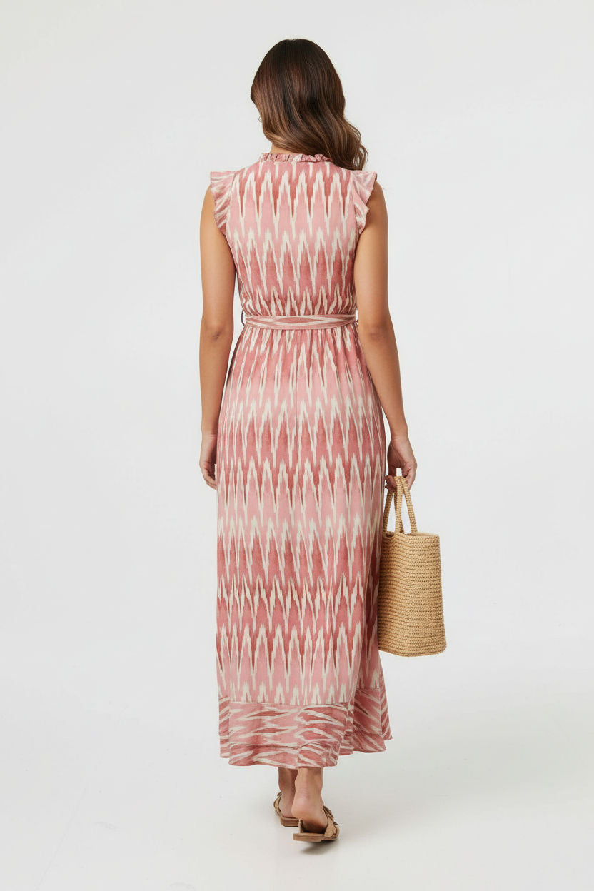 Ruffle Trim Ikat Maxi Dress