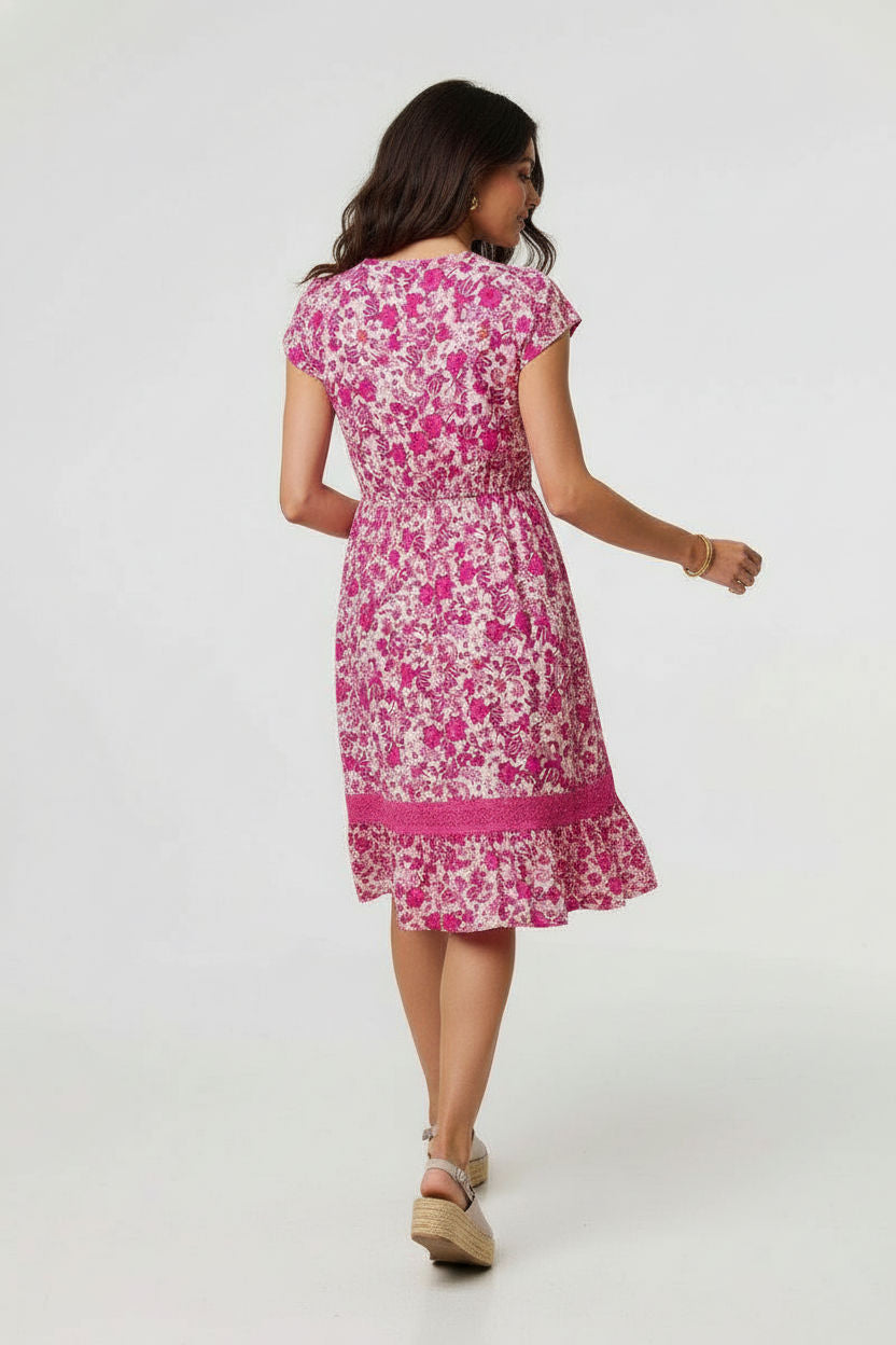 Floral V-Neck Button-Front Midi Dress