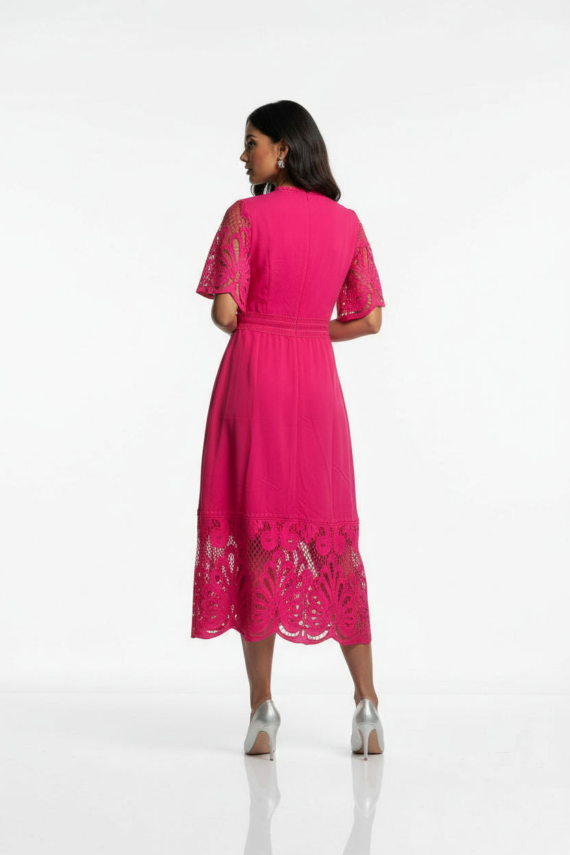 Lace Trim Midi Dress in Pink