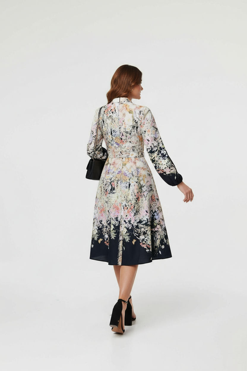 Floral Print Midi Shirt Dress in Black