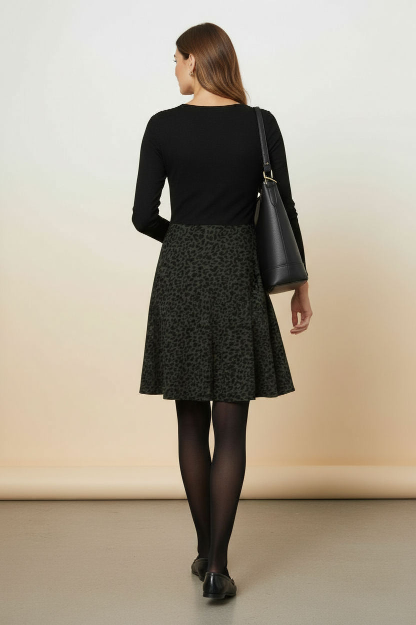 Animal Print Long Sleeve Skater Dress in Black