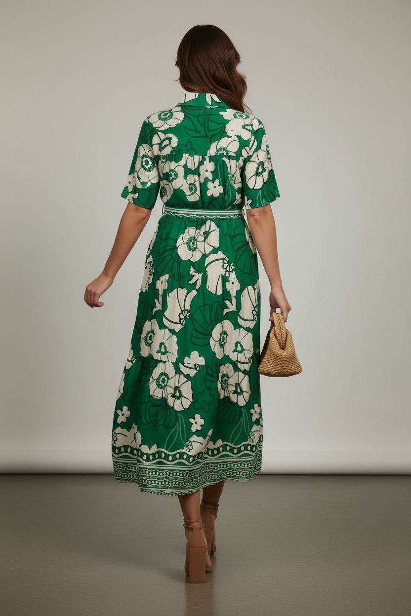 Floral Print Short-Sleeve Maxi Shirt Dress