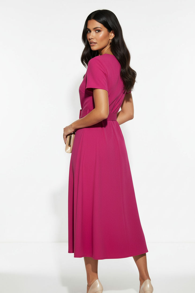 Short-Sleeve Belted Midi Dress in Magenta