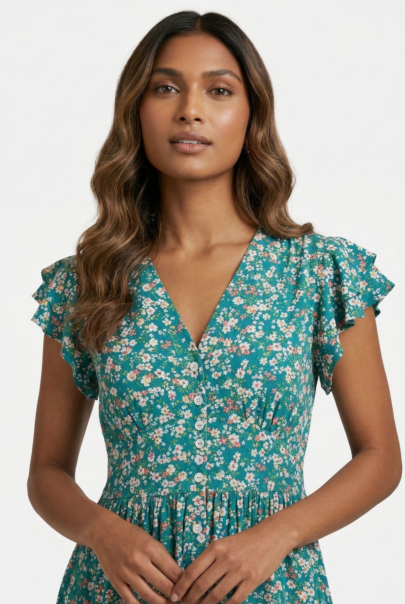 Floral Ruffled Cap Sleeve Button-Down Dress
