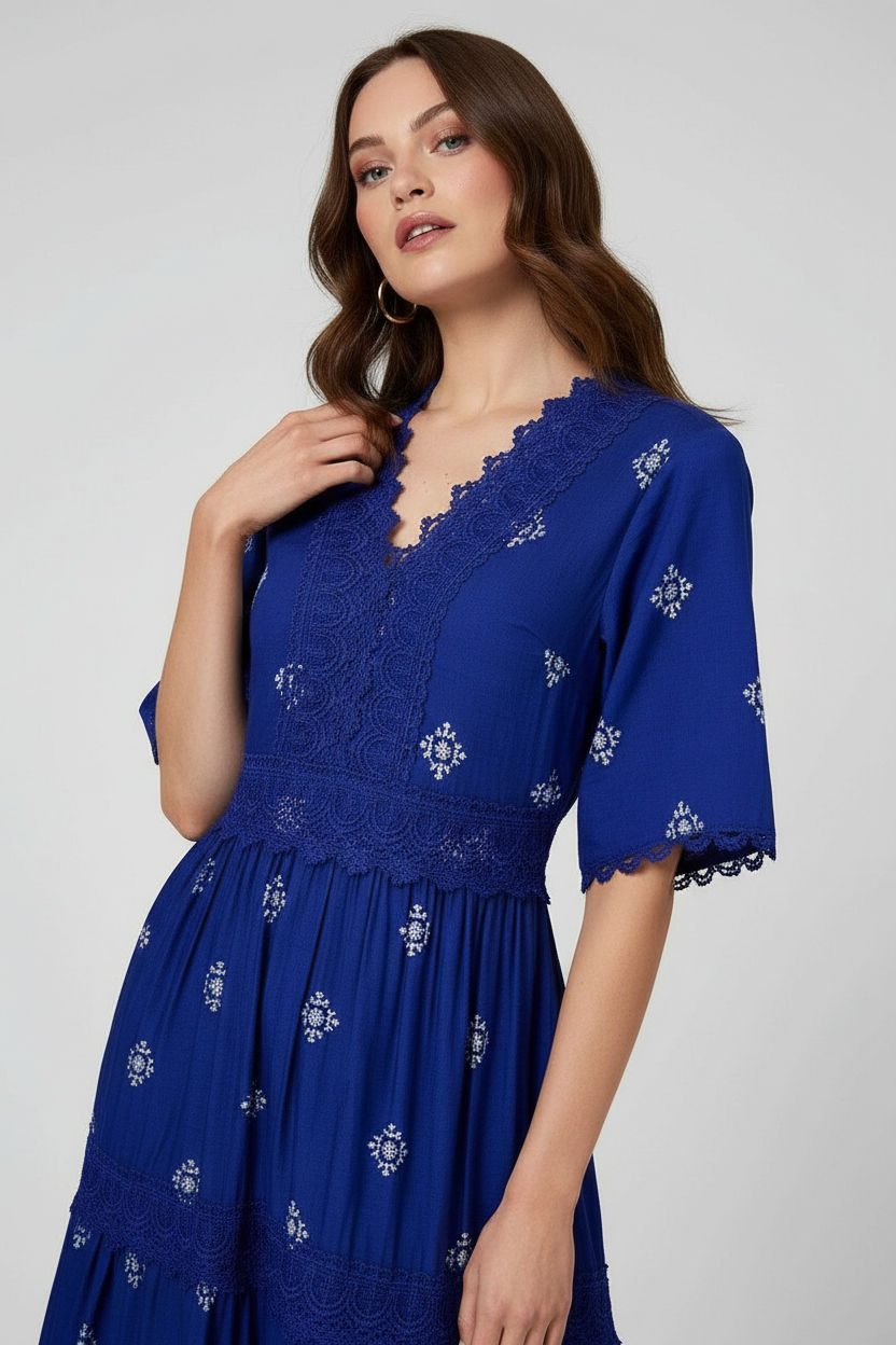 Embroidered Lace Trim Tiered Maxi Dress