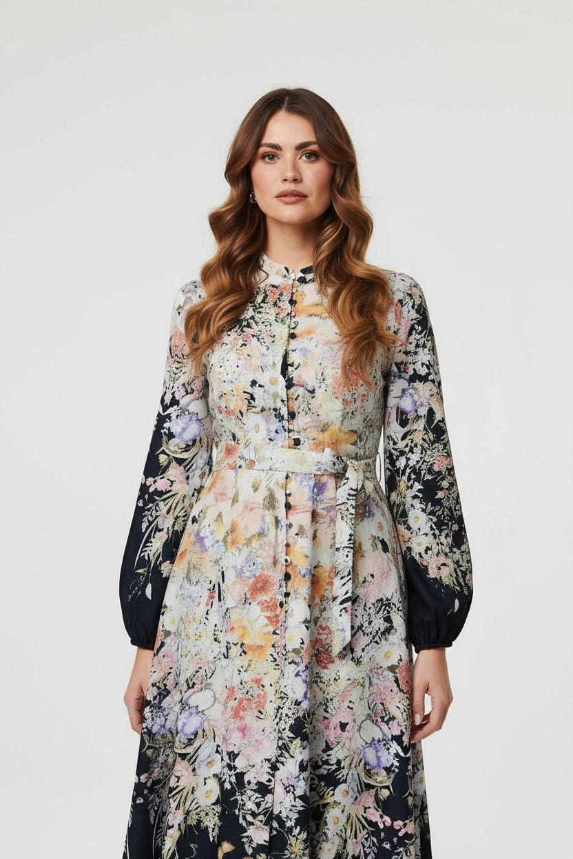 Floral Print Midi Shirt Dress in Black
