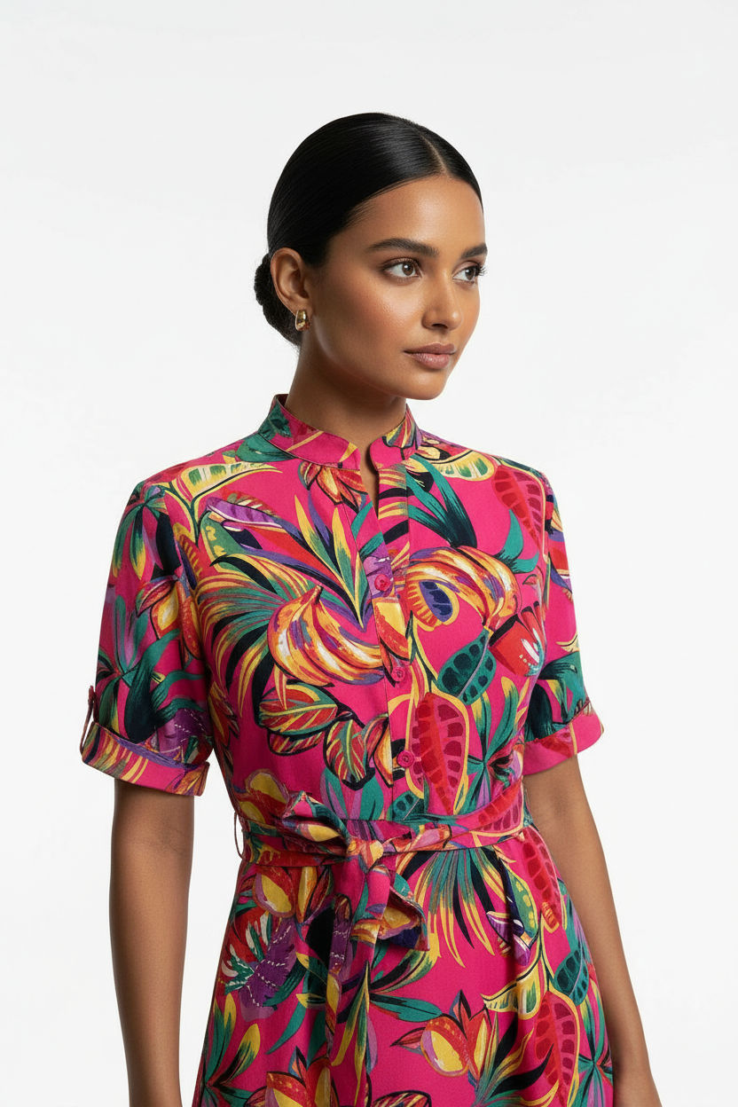 Tropical Print Button-Front Midi Dress in Pink