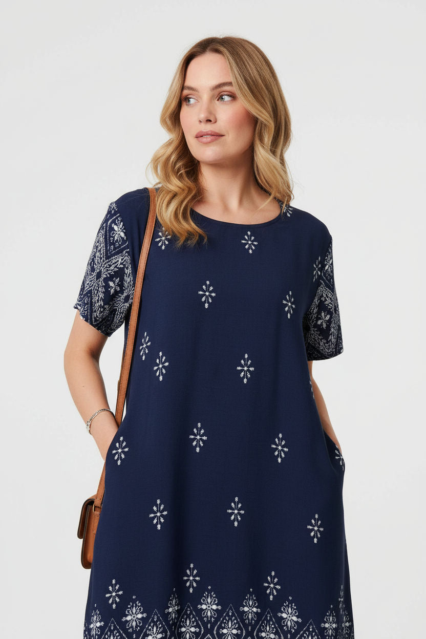 Patterned Short Sleeve Shift Dress