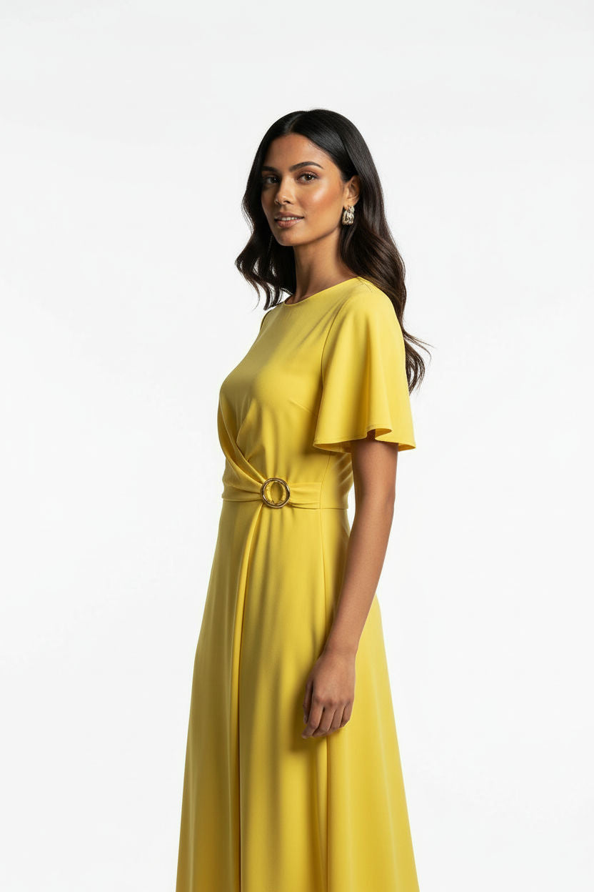 Faux-Wrap Midi Dress with Side Buckle
