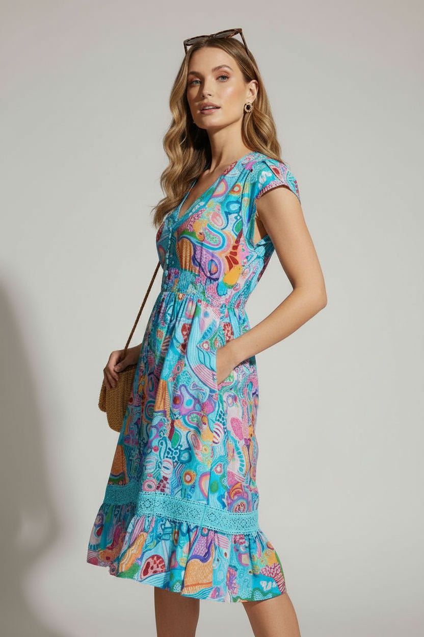 V-Neck Button-Front Printed Dress