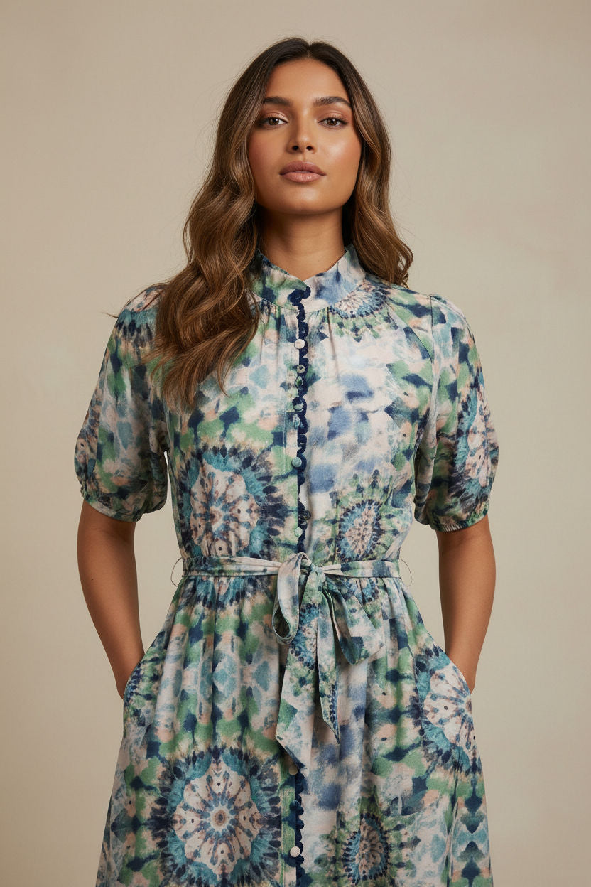 Tie-Dye Print Button-Down Midi Dress