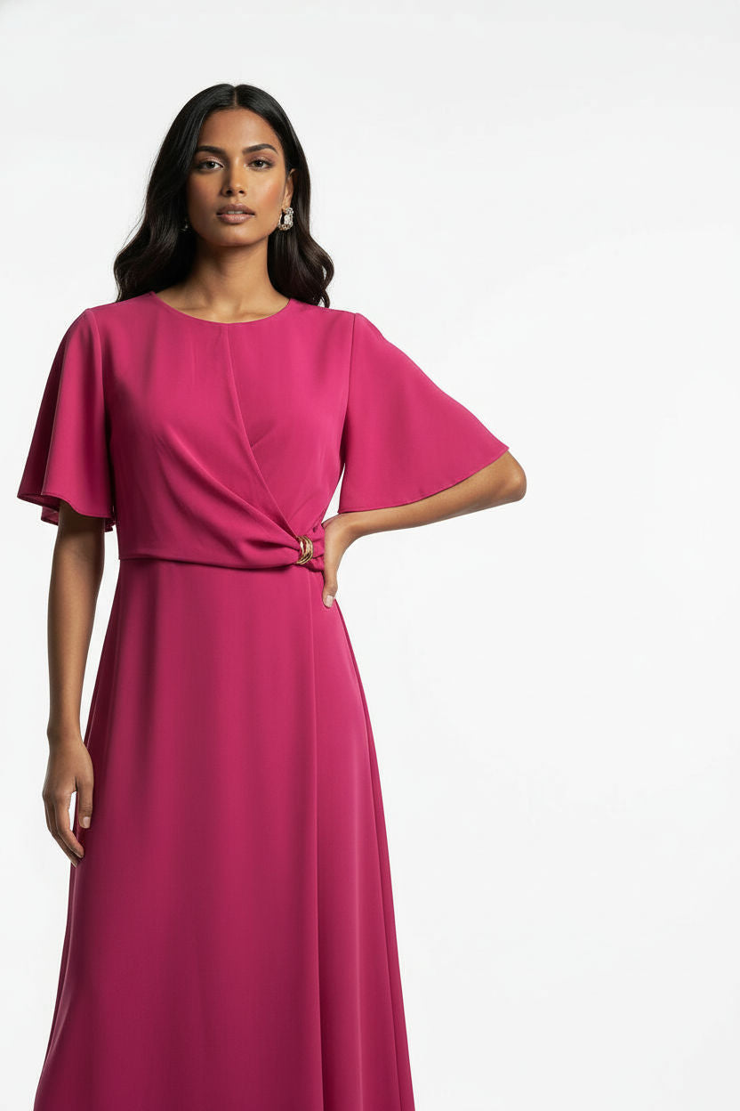 Gold Ring Detail Wrap Front Midi Dress