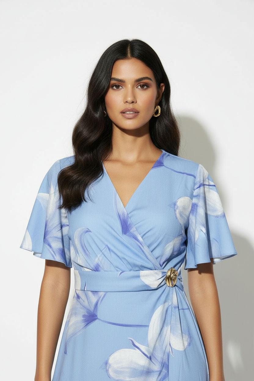 Floral Print Faux-Wrap Midi Dress