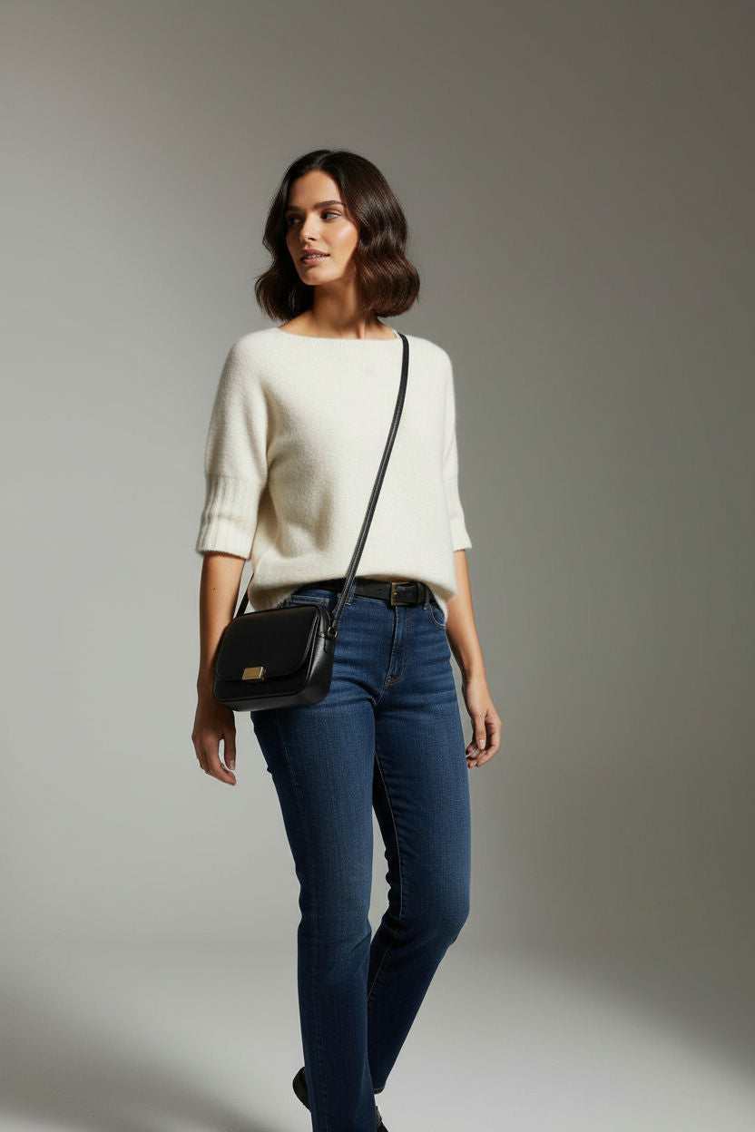 Boat Neck Short Sleeve Knit Sweater in Cream