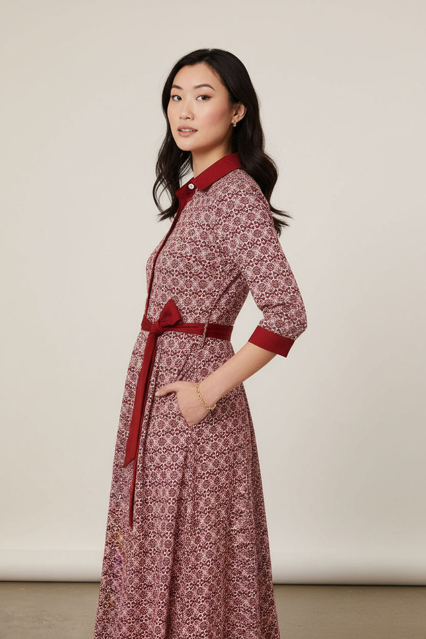 Printed 3/4 Sleeve Tie Waist Maxi Dress in Pink