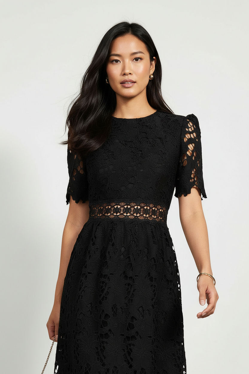 Floral Lace Midi Dress in Black